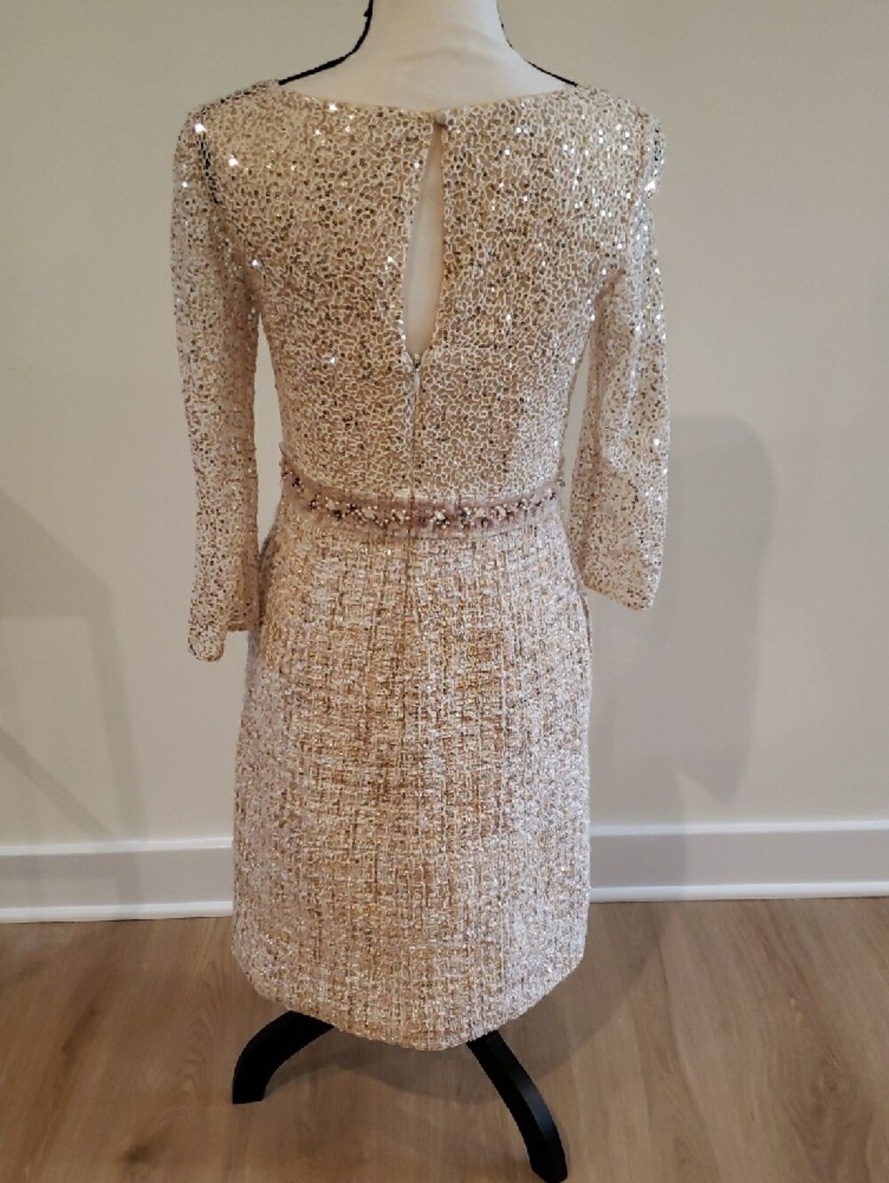 Kay Unger New York Cocktail Sheath Dress Sequin & Tweed Champagne Color Elegant - Picture 5 of 8